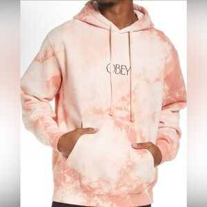 Obey Hoodie Unisex Medium Pink Tie Dye Pullover Streetwear Skate Embroider Y2K